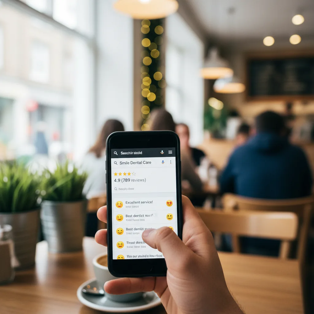 A dental practice's five-star Google reviews on a phone